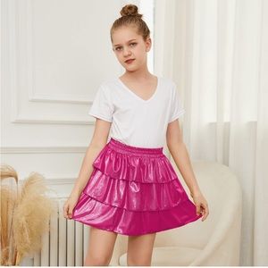 Modfans Girls Pink Sparkle Shiny Metallic Ruffle Skirt Size L 8/9 Y